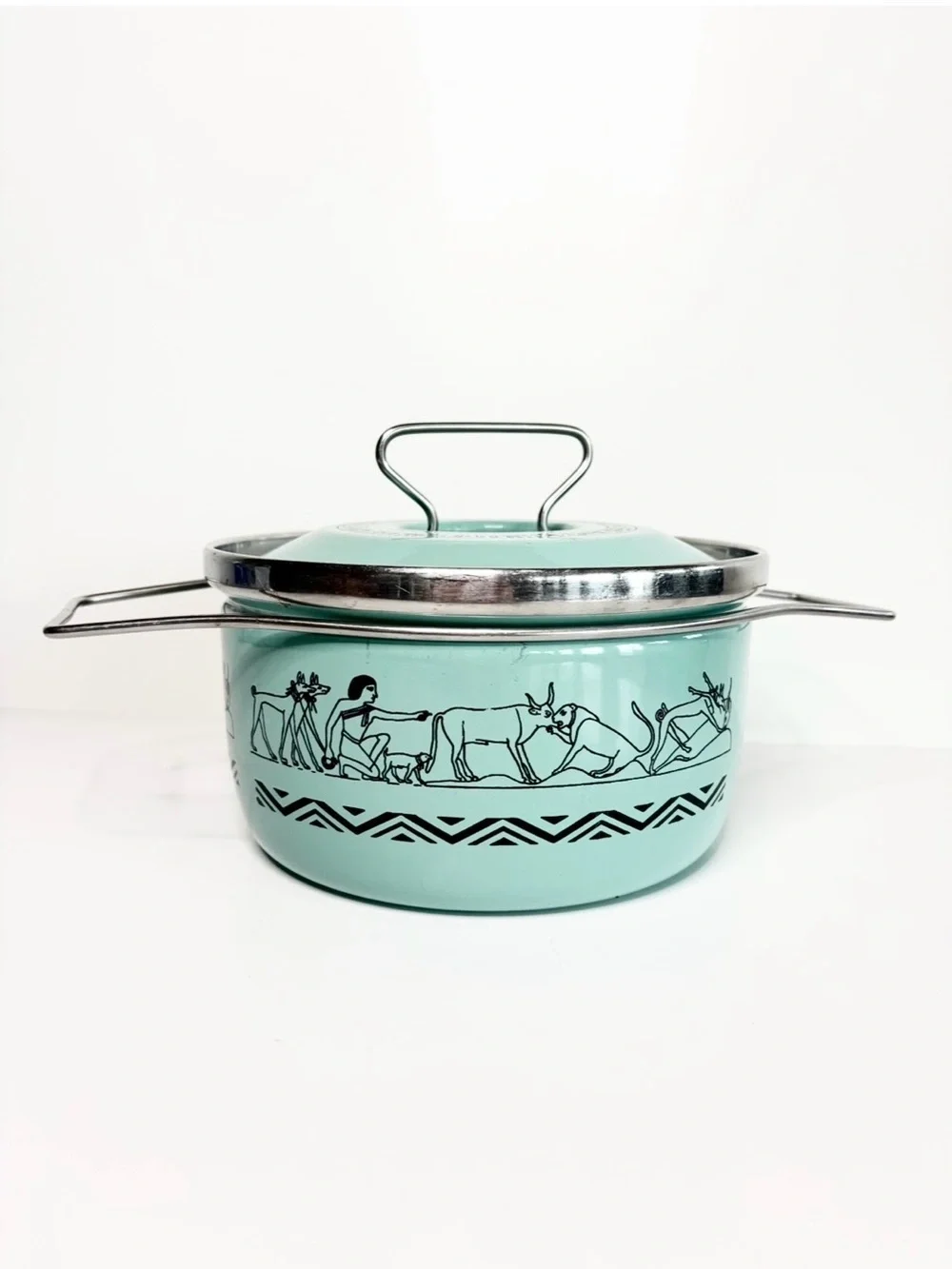 Vintage Siltal Italy Enamel 2 Quart Pot Dutch Oven Egyptian Revival Pattern